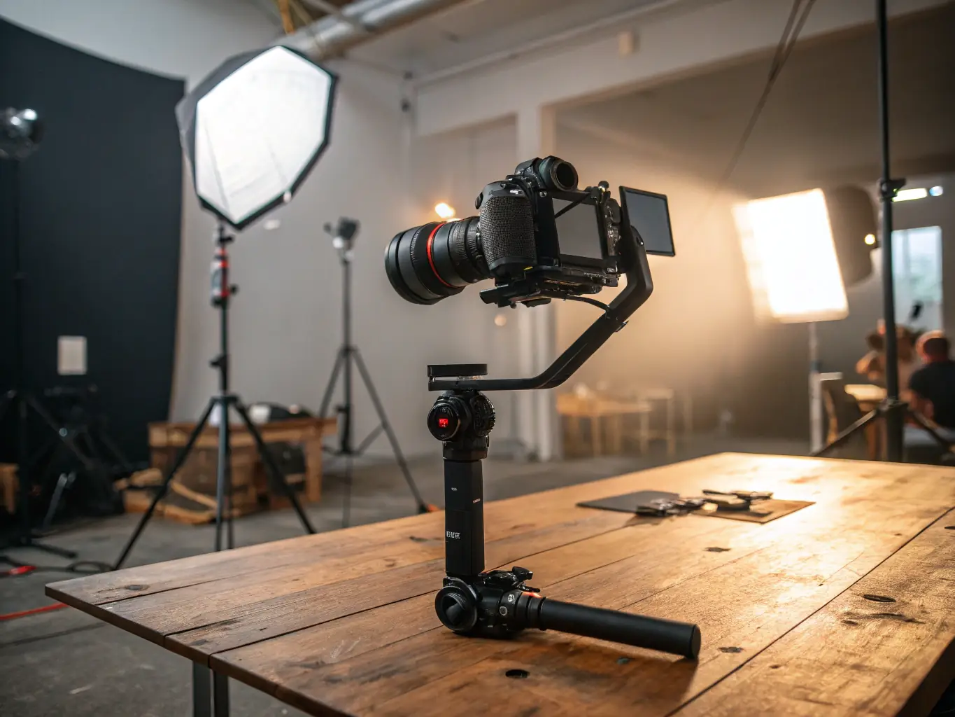 A sturdy camera tripod and fluid head supporting a professional cinema camera, set up on a film set. The image should emphasize the stability and reliability of LightBenders Nepal's camera support systems.