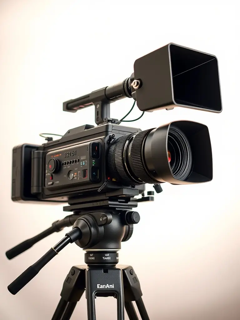 A professional camera setup with a fluid head tripod, camera, and lens, providing stable and smooth camera movements.
