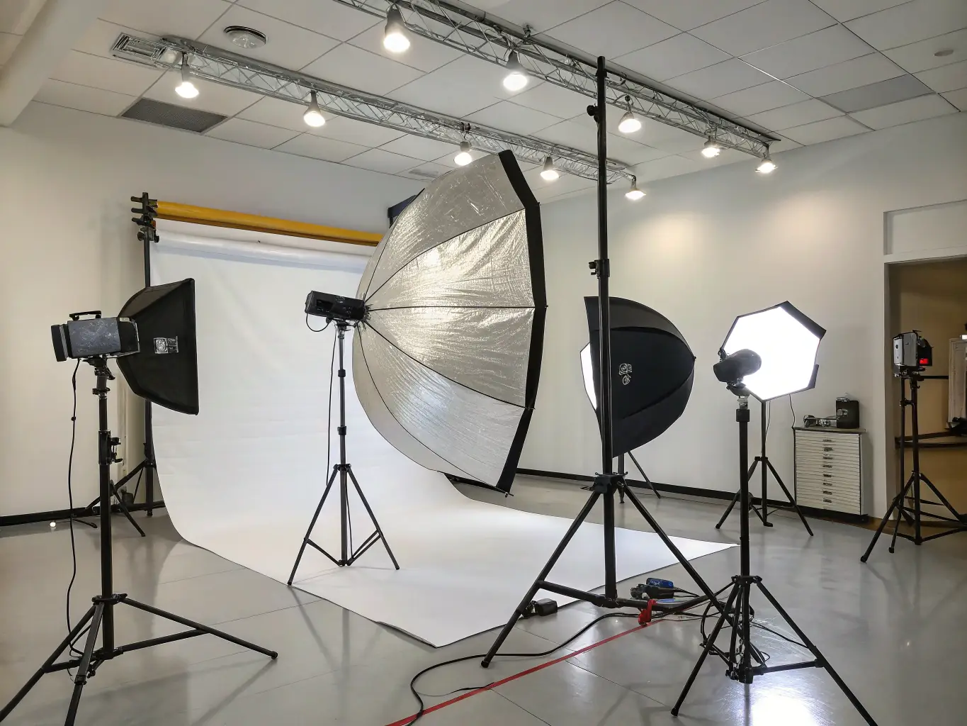 A professional lighting setup with various lights, reflectors, and diffusers, arranged to illuminate a film set. The image should convey the quality and versatility of LightBenders Nepal's lighting equipment rentals.