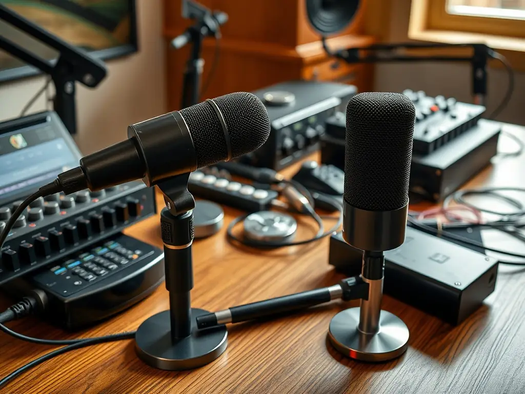 A detailed image of professional audio recording equipment, including microphones, boompoles, headphones, and a portable audio recorder, set up on a sound cart.