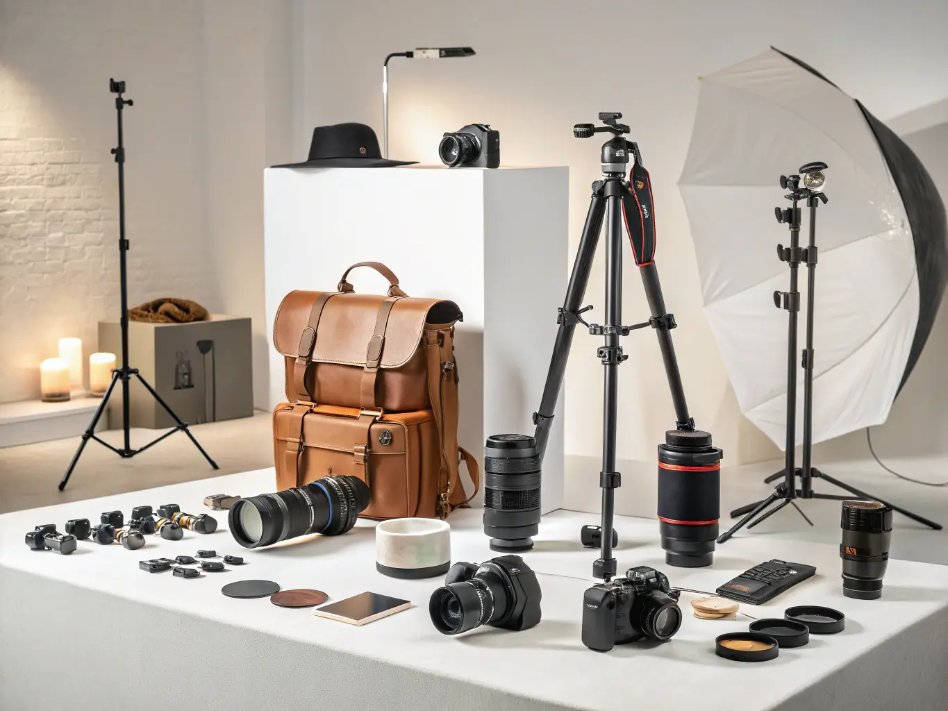 An image displaying a variety of camera support equipment, including tripods, dollies, gimbals, and stabilizers, arranged to show their range of motion and stability features.