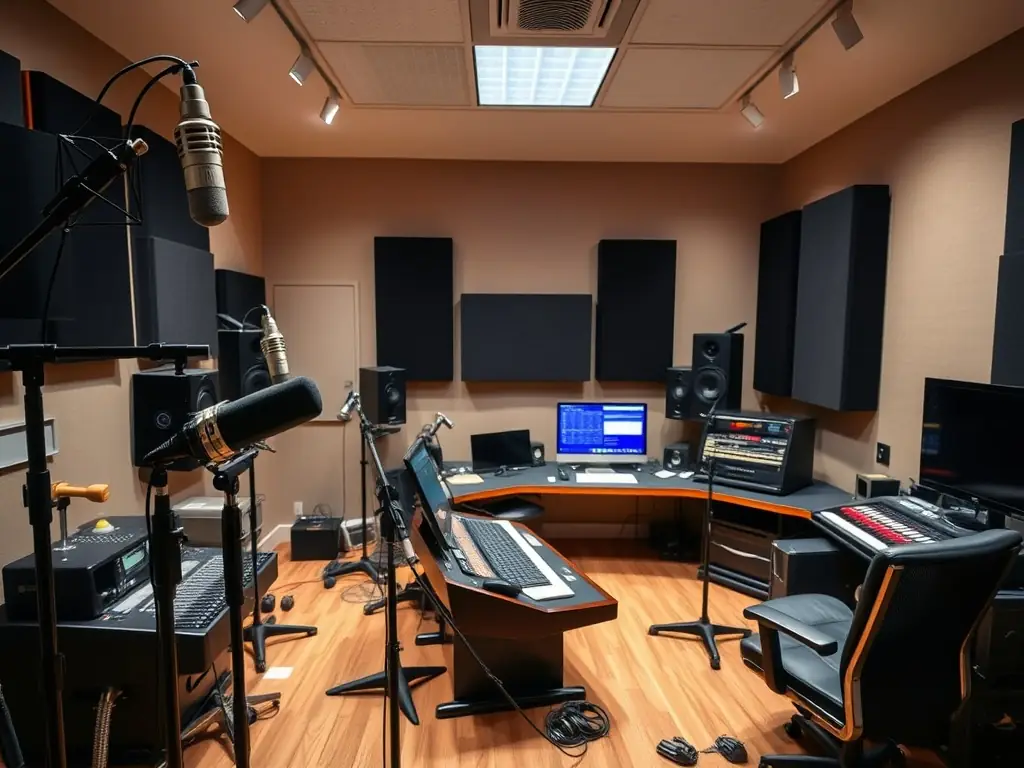 A high-quality shotgun microphone and audio recorder on a sound mixing desk, capturing clear audio on a film set. The image should highlight the professional-grade sound equipment available for rent from LightBenders Nepal.
